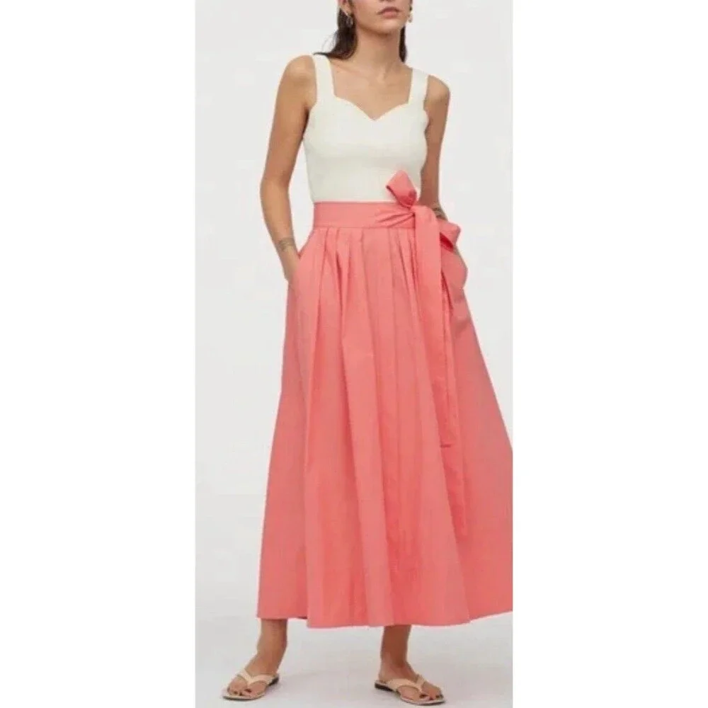 H & M Skirt Midi Women Coral Pleated Classic Cotton Preppy Fit Flare Sz 6 NWT